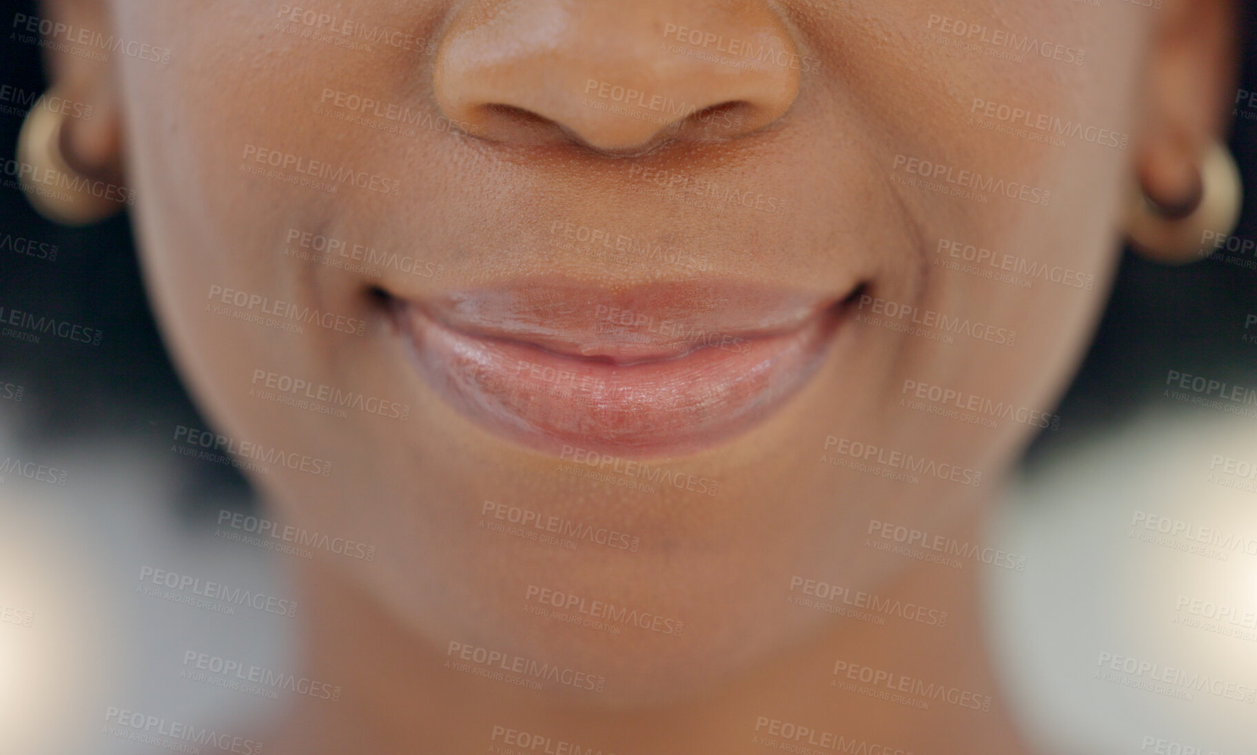 Buy stock photo Happy, lips and beauty with a woman closeup, natural and cosmetics on face. Skincare, mouth and smile of a female person with facial skin treatment for aesthetic, wellness and health for dermatology.