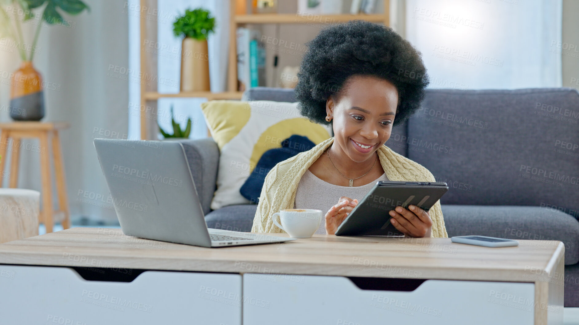 Buy stock photo African woman, tablet and living room on floor, reading and smile with tea cup, web blog and typing in house. Girl, digital touchscreen and click with thinking, video and social network app in home