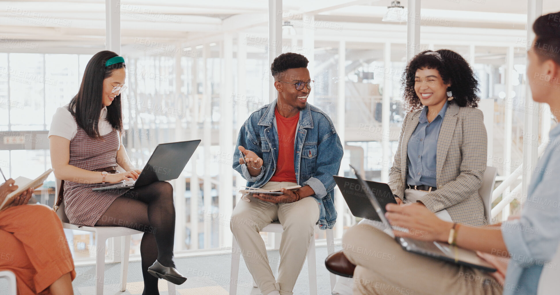 Buy stock photo Business people, startup meeting or group brainstorming in office for diversity, planning or digital strategy. Teamwork, laptop or happy discussion with think tank or conversation for ideas online