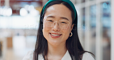 Shopping, mall and face of Asian customer in retail building for discount product, luxury present gift or promotion choice. B2c Commerce, Tokyo Japan and portrait woman at market store for sales deal