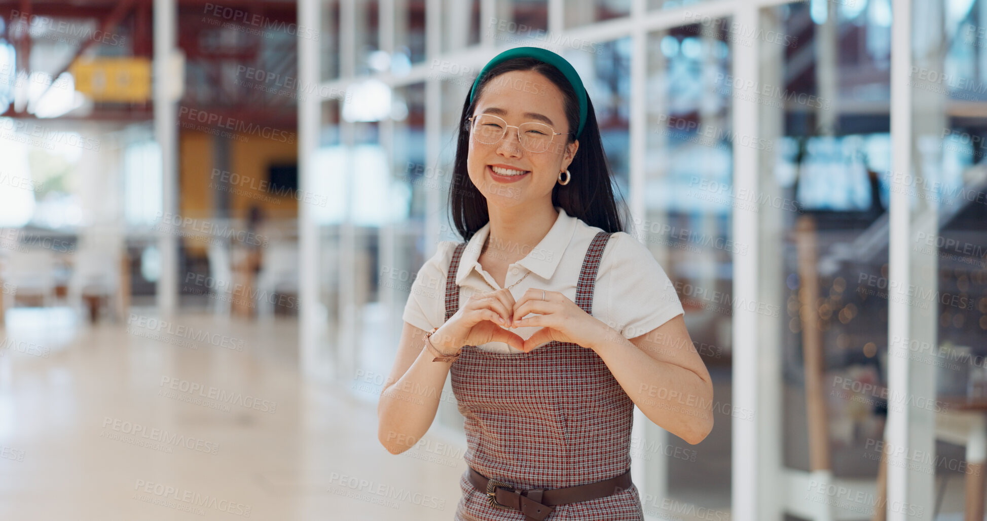 Buy stock photo Portrait, business and Asian woman with hand sign, heart and support with kindness, trust and company vision. Face, entrepreneur and Japanese person with symbol for love, icon and emoji with feedback