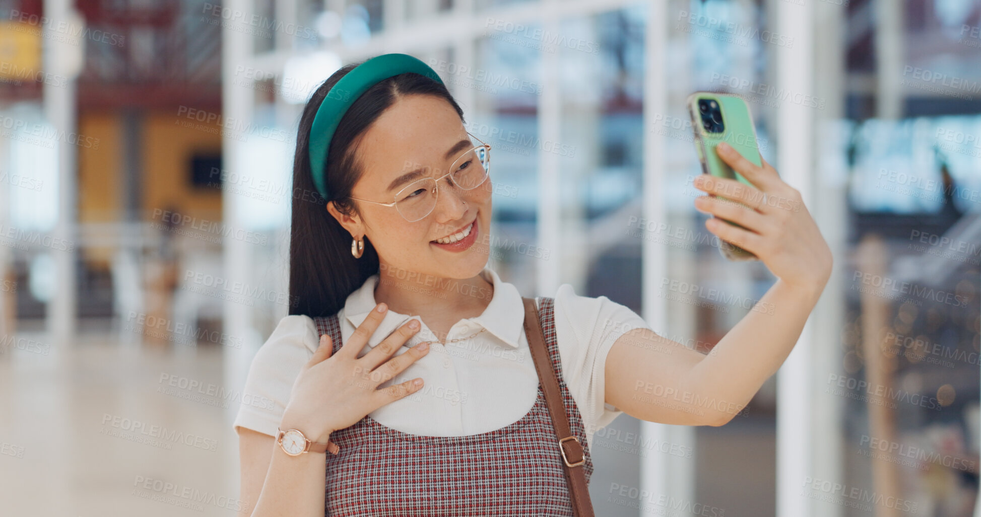 Buy stock photo Selfie, happy and businesswoman in the airport for social media, mobile app or the internet. Smile, peace sign and professional Asian female designer taking a picture for a company trip in a hotel.