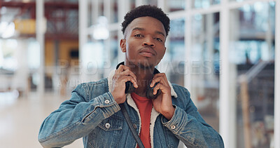 Buy stock photo Black man, music portrait and at a university for education, creative school or audio college. Student, DJ and an African person listening to the radio, podcast or a sound on a campus for education