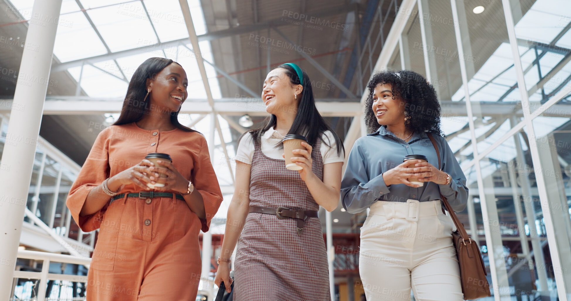 Buy stock photo Coffee, diversity and friends in mall walking, talking or speaking of gossip, discount or fashion. Smile, networking or group of happy women in conversation, communication or discussion for shopping 