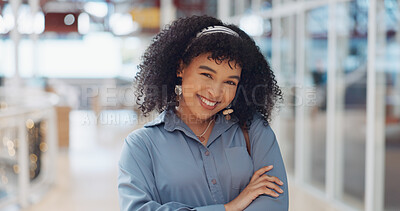 Business woman, hair and portrait of a happy creative employee confident arms folded ready for working. Happiness, black woman and digital marketing worker in a office in the morning smile from web design work