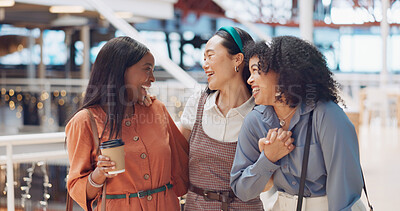 Buy stock photo Coffee, smile and women friends laughing in an shopping mall for retail on their lunch break together. Diversity, freedom and funny with a group of young people in a store for friendship bonding