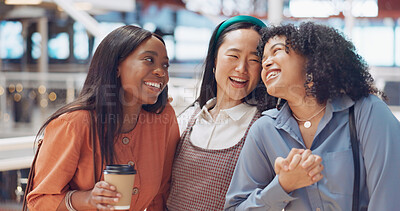 Friends, women portrait and happiness while together at a shopping mall for coffee, reunion and fun with diversity, travel and bonding. Face of different race group holding hands for gratitude