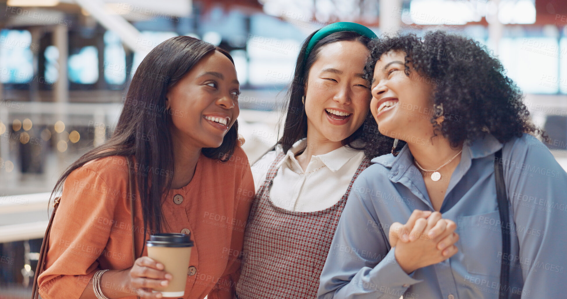 Buy stock photo Coffee, smile and women friends laughing in a store for retail on their lunch break together. Diversity, freedom and funny with a group of young people in a shopping mall for friendship bonding