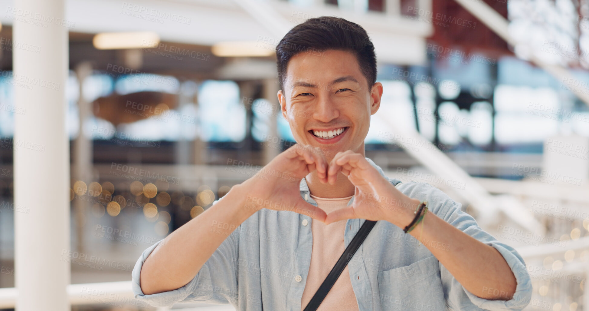 Buy stock photo Portrait, business and Asian man with heart hands, sign and support with feedback, review or creative. Face, entrepreneur or Japanese person with symbol for love, icon or emoji with kindness or trust