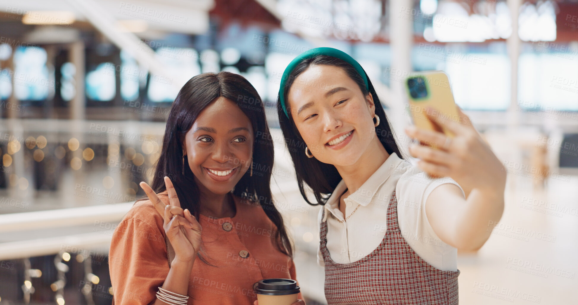 Buy stock photo Selfie, smile or women on social media in shopping mall together posing for a photograph memory. Peace sign, happy or group of girl friends taking fun pictures to relax with love, care or support