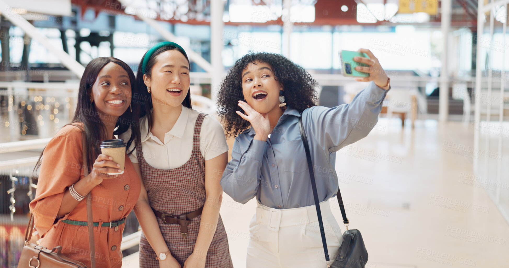 Buy stock photo Selfie, diversity or girl friends in shopping mall on social media together posing for a photograph memory. Smile, happy or group of women taking fun pictures to relax with love, freedom or support