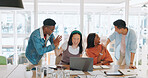 Celebration, laptop and business people high five, applause and celebrate goals, targets or achievement. Teamwork, winner and group collaboration of employees on pc clapping and celebrating success.