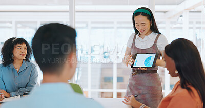 Buy stock photo Presentation, chart and tablet with business people in meeting for data, teamwork and research. Digital, strategy and planning with employees in office for idea, feedback and company analysis