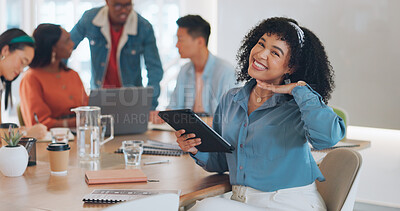 Buy stock photo Tablet, meeting and excited business woman with creative team and planning strategy for startup agency. Funny, research and employee online for collaboration on internet project for company in office