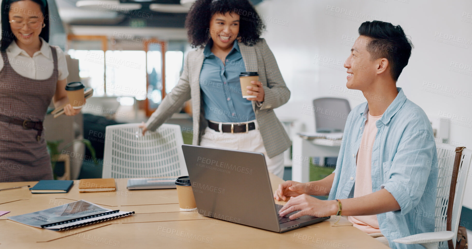 Buy stock photo Business people, diversity and meeting in modern office with market research, teamwork and laptop with online discussion. Man, talking and planning collaboration with woman in creative agency