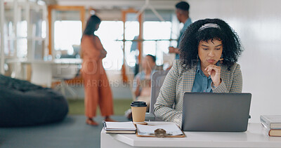 Thinking, laptop or black woman working on a digital marketing seo strategy for an advertising or digital agency. Typing, research or social media page editor copywriting an internet article or blog