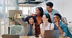 Business people, phone and selfie in office by team happy, relax and smile while bonding and having fun. Work, friends and smartphone for photo with group with diversity, pose and embrace for picture