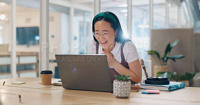 Buy stock photo Laptop news, reading and excited Asian woman, student or  college acceptance email, promotion or online announcement. Winner achievement, feedback and worker smile for report, college info or reward