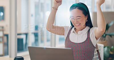 Winner, laptop or happy employee with success, job promotion or digital marketing sales target at office desk. Wow, woman or excited Japanese girl smiles with pride from winning a bonus or kpi goals