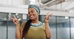 Peace hands, happy black woman and face for success, motivation and pride in african culture, office building and Ghana. Portrait of female worker, winner and victory sign, emoji and fun celebration
