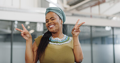 Peace hands, happy black woman and face for success, motivation and pride in african culture, office building and Ghana. Portrait of female worker, winner and victory sign, emoji and fun celebration