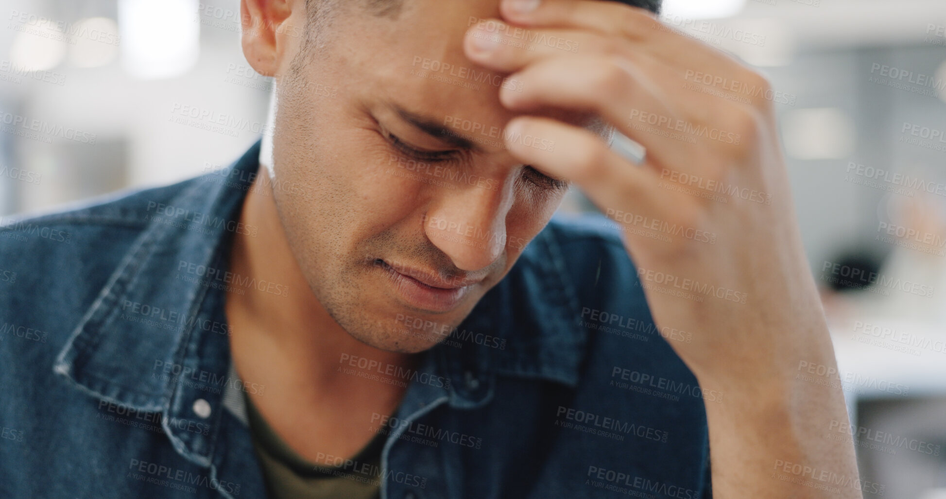 Buy stock photo Man, face and headache in mistake, stress or burnout from mental health problems at office. Frustrated male person or tired employee with migraine, anxiety or depression in financial crisis or debt
