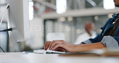Hands, typing and computer with a business man at work on a report, project or deadline in his office. Data, email and web with a male employee working on a desktop for networking or communication