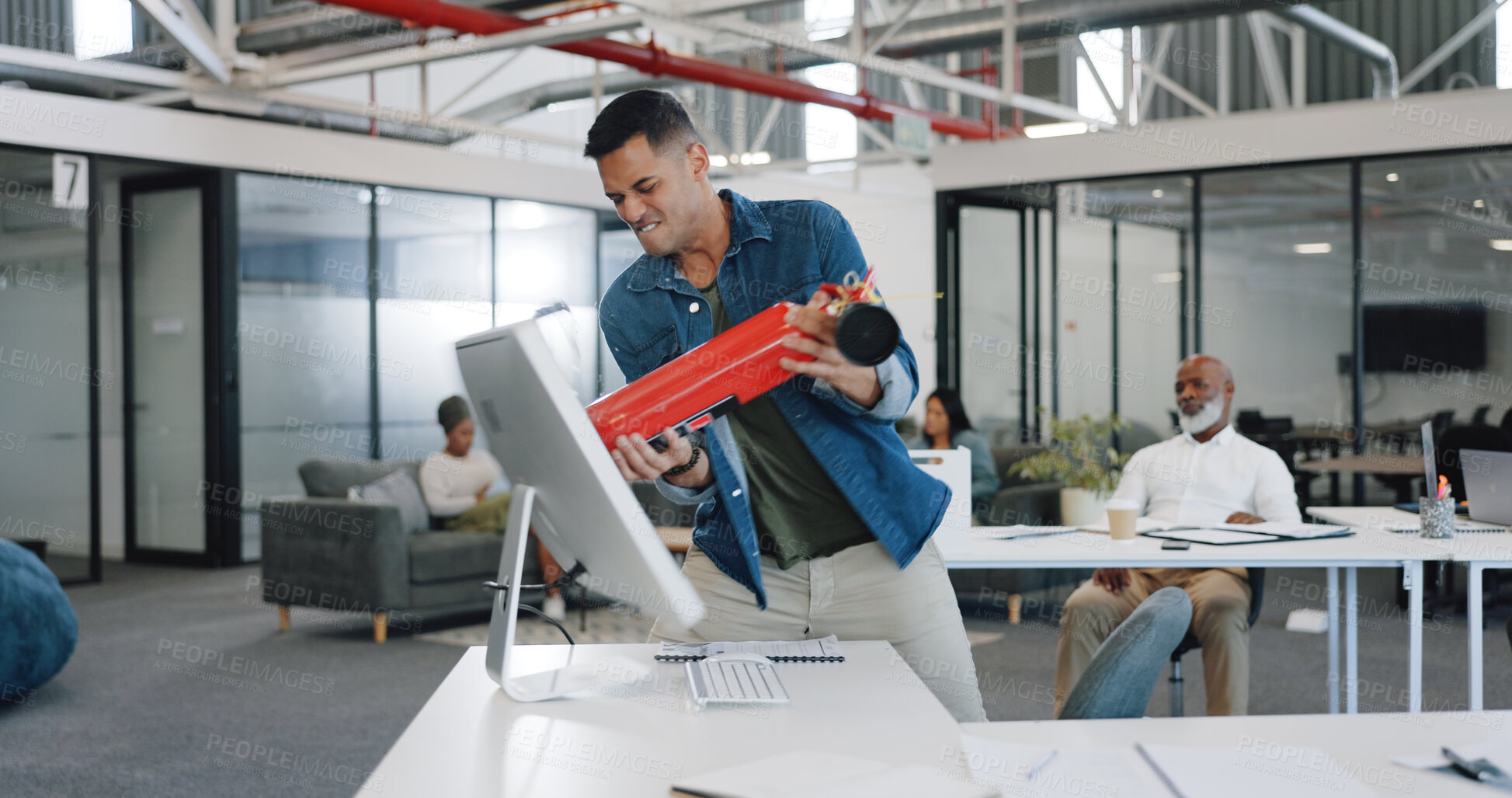 Buy stock photo Anger, frustrated and fire extinguisher with a businessman breaking a computer with breakdown at work. Mental health, tantrum and professional angry male employee smashing a desktop in the office.