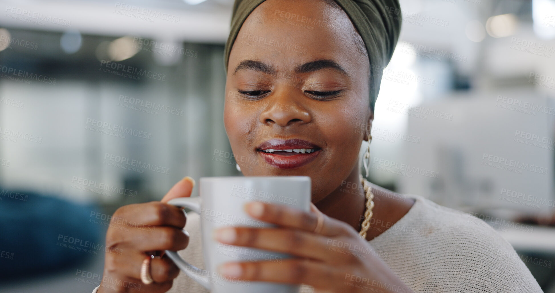 Buy stock photo African woman, coffee and smile in office with thinking, ideas and smell aroma for latte, espresso or tea. Startup entrepreneur, happy and smell with matcha, coco or cappuccino in workplace on break 