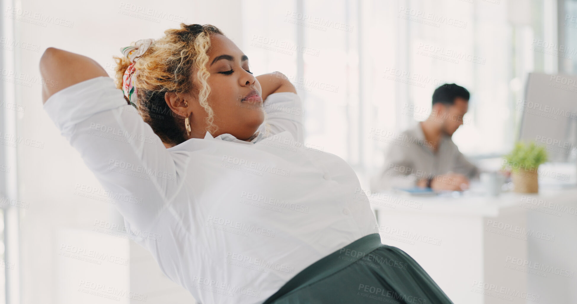 Buy stock photo Business woman, stretching and eyes closed to relax for easy break, finish deadline and nap in startup office. Calm worker, hands behind head and sleeping in daydream for peace, mental health or rest
