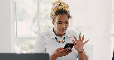 Phone, problem and angry black woman on office with technical glitch, error and network issue at work. Communication, technology and frustrated female worker with no service connection on smartphone