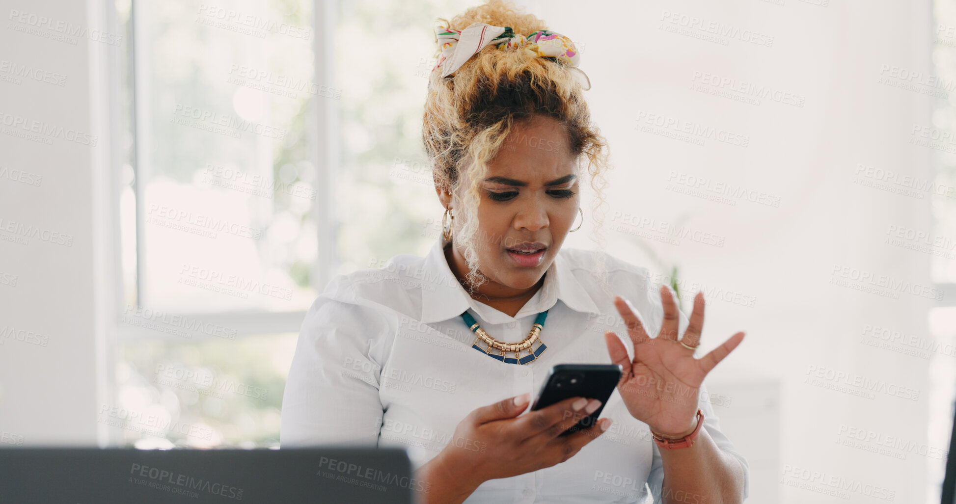 Buy stock photo Angry woman, phone and mistake in stress, error or glitch on technology in difficulty at office. Frustrated female person or employee in anxiety, depression or issues on mobile smartphone app at work