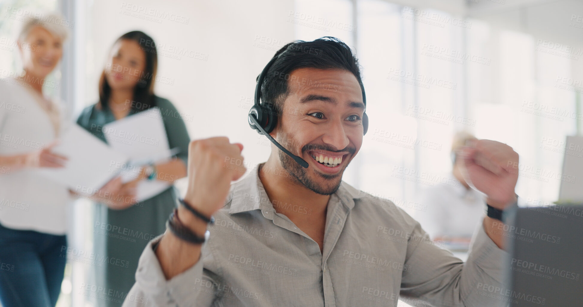 Buy stock photo Happy asian man, call center and celebration in winning, promotion or sale in customer service at office. Excited male person, consultant or agent smile with fist pump in success for online advice