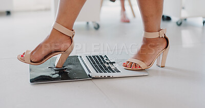 Buy stock photo Feet, laptop and business woman angry at glitch or fail on internet with 404 in office, workplace and frustrated. Angry shoes and employee with burnout breaking screen with problem in company office