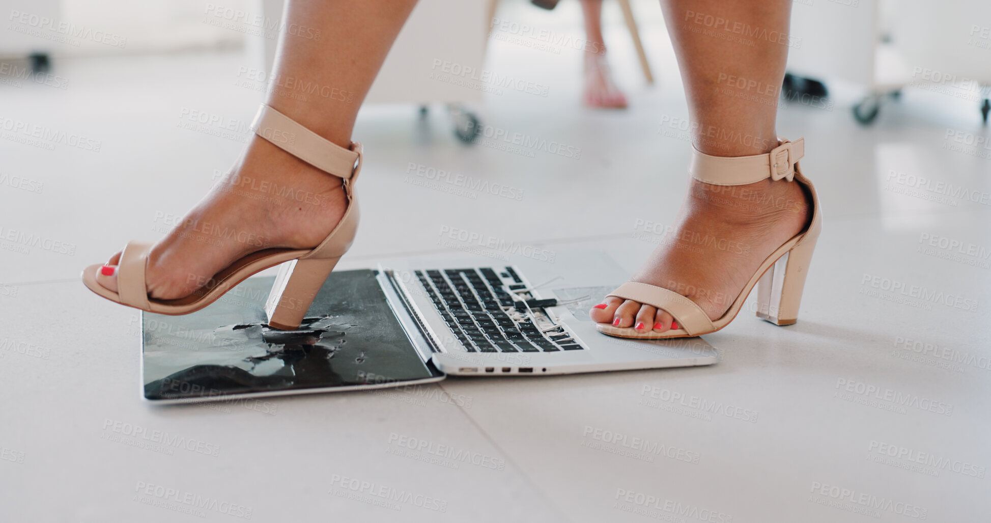 Buy stock photo Feet, laptop and business woman angry at glitch or fail on internet with 404 in office, workplace and frustrated. Angry shoes and employee with burnout breaking screen with problem in company office