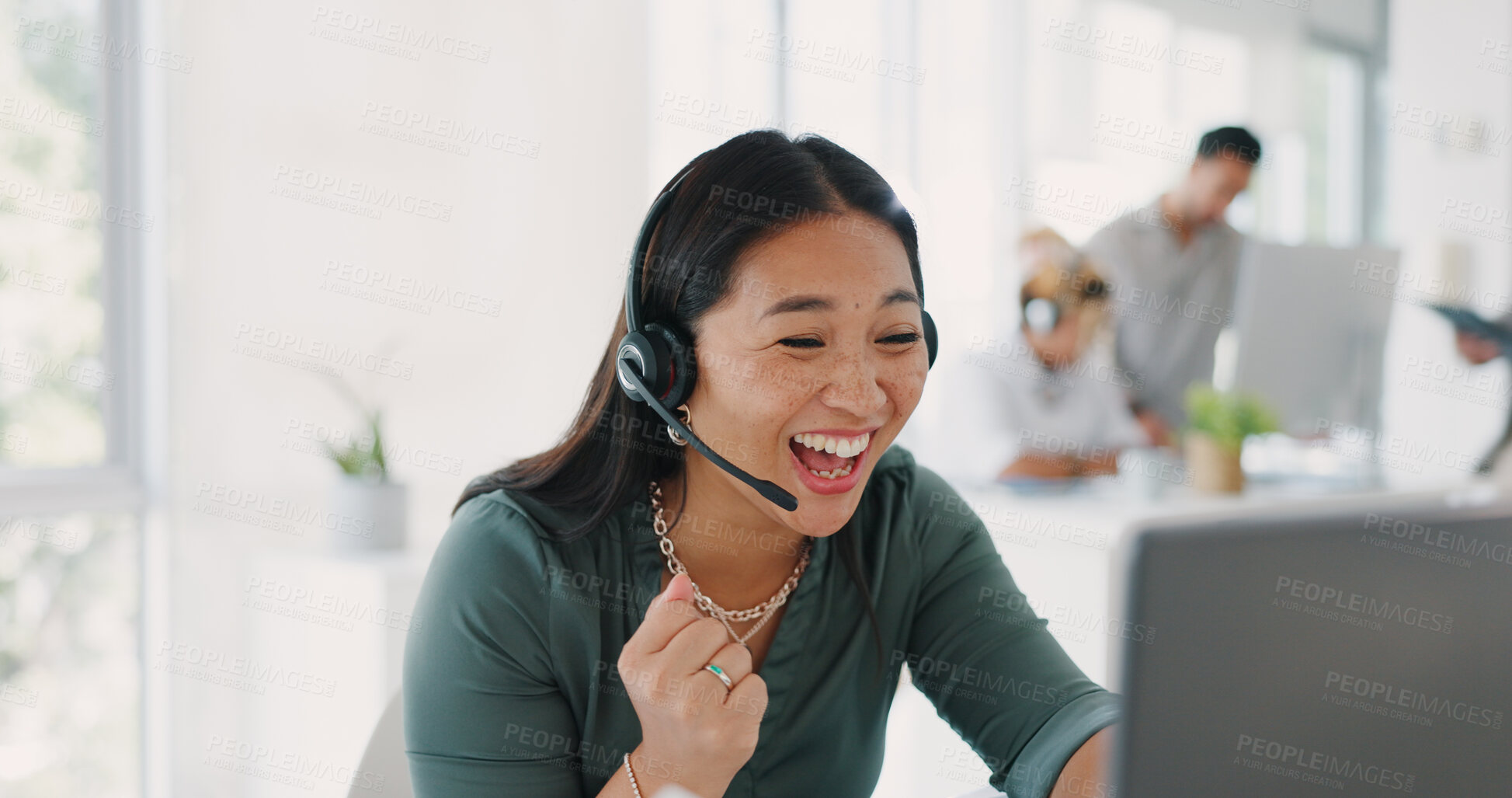 Buy stock photo Happy, woman and celebrate at computer in call center for success, CRM promotion or telemarketing deal. Excited asian agent, consultant and fist for winning bonus, sales target or telecom achievement