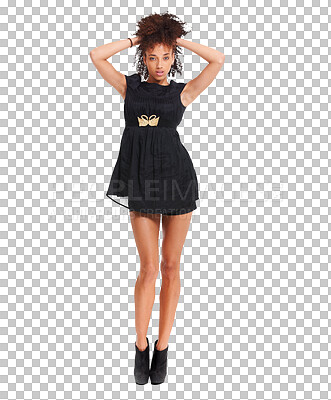 A Black woman, beauty portrait and fashion with natural hair wearing a black dress. Young female model posing with free space for marketing and advertising cosmetics or clothes isolated on a png background