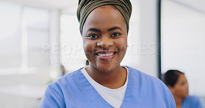 Buy stock photo Black woman, portrait and nurse smile in hospital for healthcare services, surgery and help for consulting. Happy doctor, expert surgeon and medical professional working with trust in wellness clinic