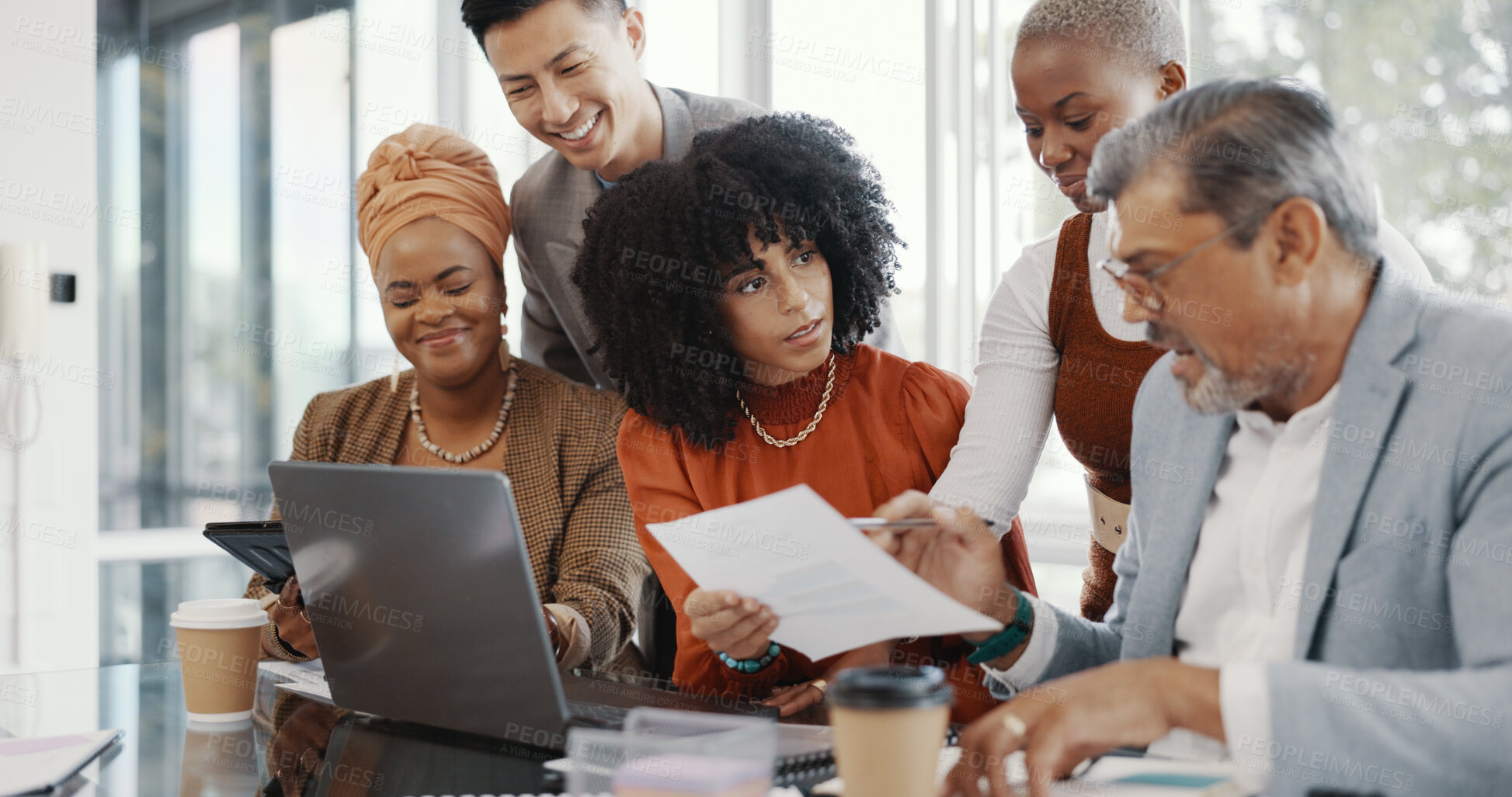 Buy stock photo Laptop, documents and management with a business team in the boardroom for problem solving. Economy, review or investment with an employee group meeting in the office during a financial crisis