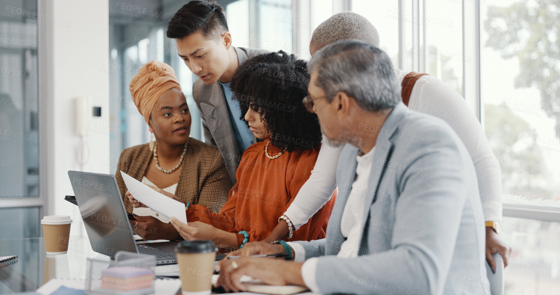 Buy stock photo Team, creative and business people planning on documents, brainstorming strategy or discussion in startup office. Designer group meeting, paperwork and collaboration on laptop project in cooperation