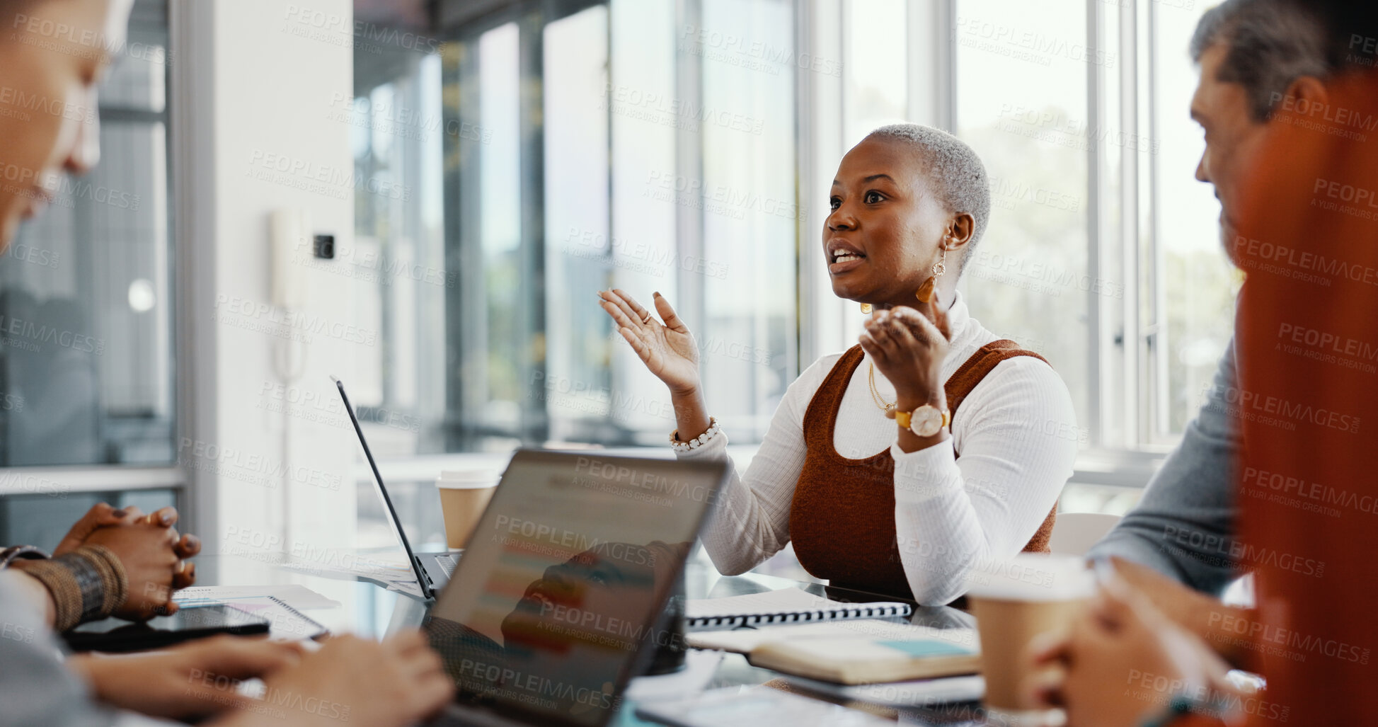 Buy stock photo Business people meeting, people listening and black woman explain design pitch, creative project ideas or plan. Cooperation, group discussion and team negotiation, conversation and planning strategy