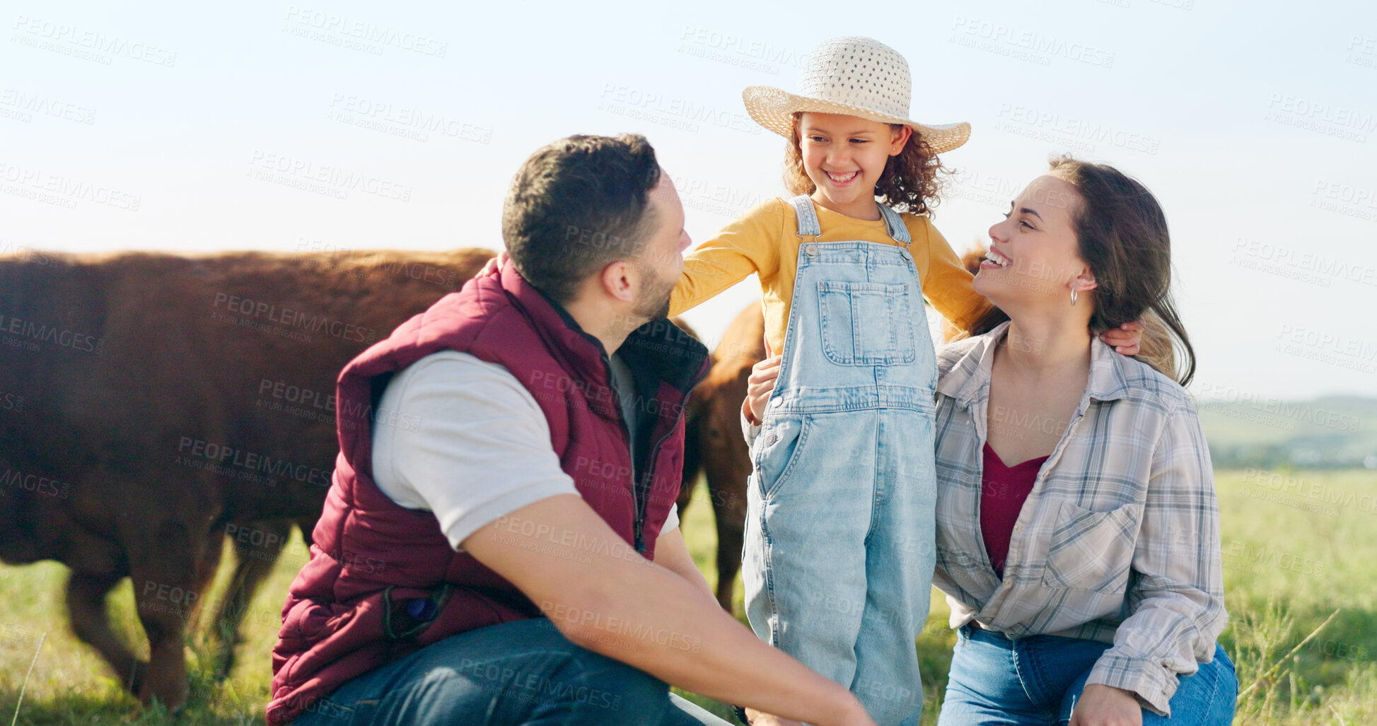 Buy stock photo Cows in field with mom dad and child farming in countryside with agriculture, love and happiness in nature together. Agro family farm, small business and parents with girl on grass, cattle and smile.