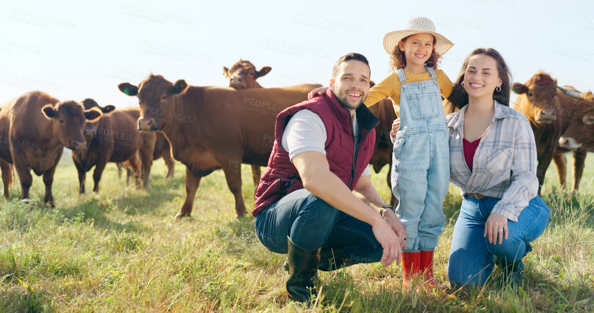 Buy stock photo Family, girl and cows for farming, agro business and sustainability with mother, girl and father on a field portrait. Happy farmer or parents and girl hug for agriculture, and cattle by countryside