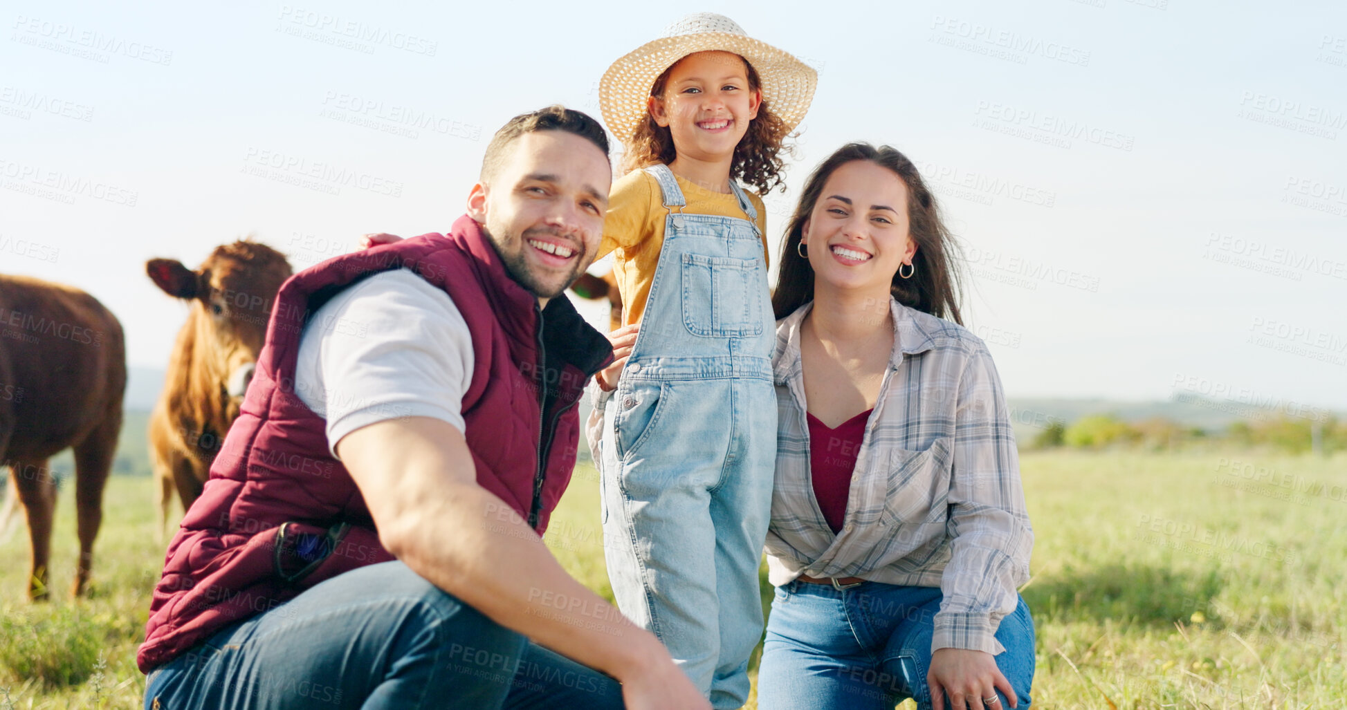 Buy stock photo Family, farm and agriculture with a girl, mother and father on a field or meadow of grass with cattle. Sustainability, love and children with a man, woman and daughter on a farmer ranch together