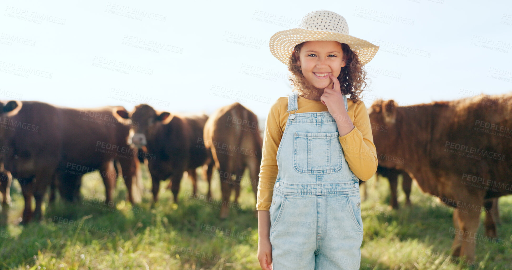 Buy stock photo Happiness, farming and girl in nature learning to care for animals, cows and cattle during travel in countryside. Portrait, child and smiling for enjoying happy rural farm life and sustainability 