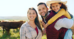 Man, woman and girl bonding on farm in nature environment, sustainability agriculture and farming cows landscape. Portrait, smile and happy child in piggyback with farmer family and Argentina parents