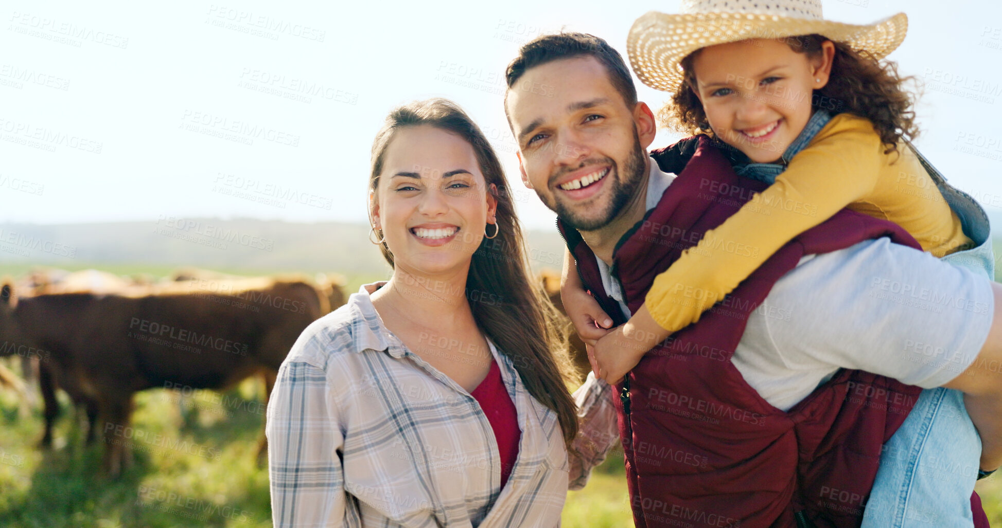 Buy stock photo Man, woman and girl hug on farm in nature environment, sustainability agriculture and farming cows landscape. Portrait, smile and happy child in piggyback with farmer family and Argentina parents