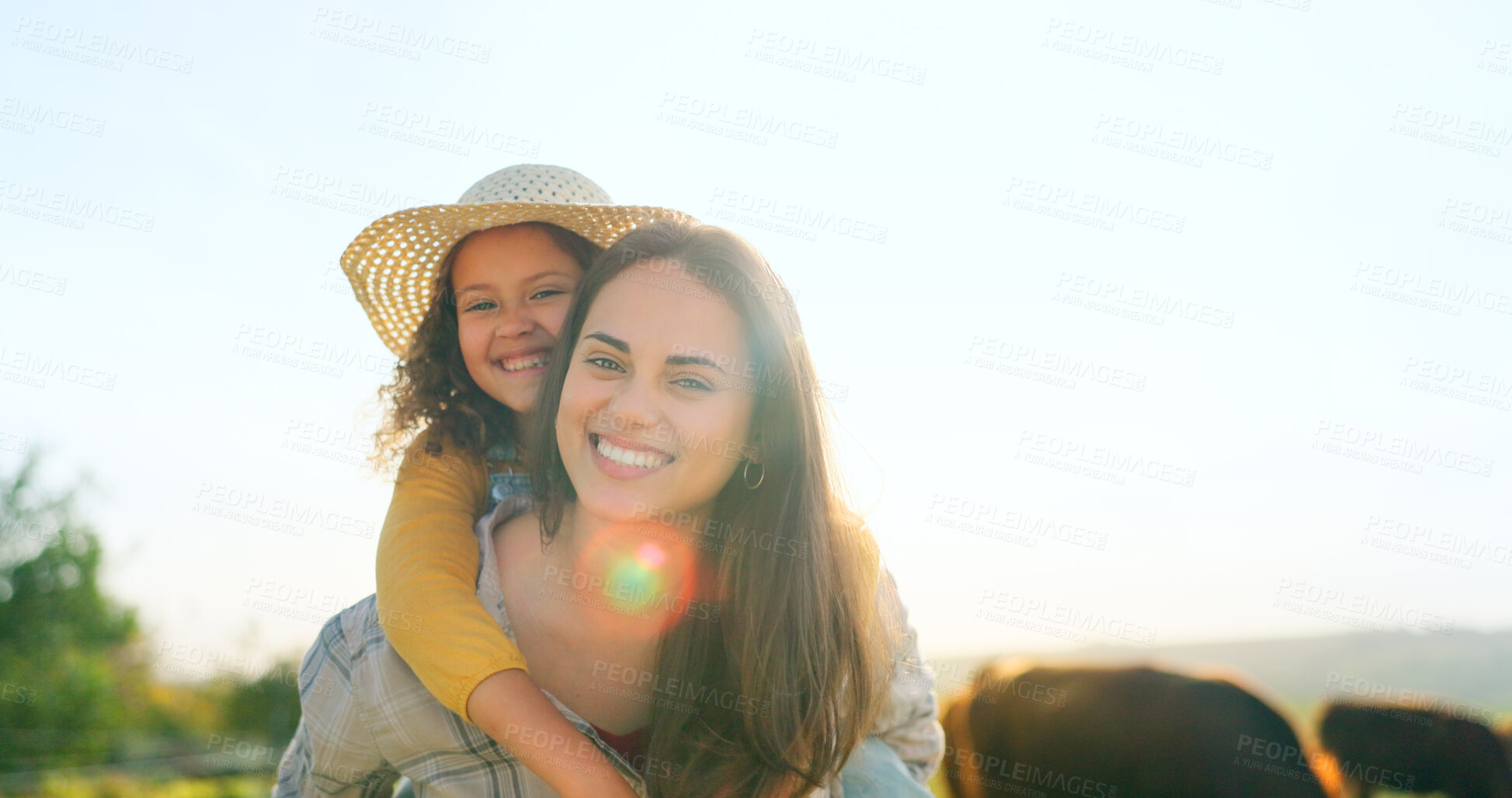 Buy stock photo Portrait, piggyback and farmer mother with her daughter with cattle for agriculture in a field for sustainability. Countryside, family and farm woman with her girl child outdoor for dairy farming