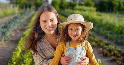 Agriculture, farming and farmer, woman and girl happy, fresh vegetable and organic growth. Mother and daughter in portrait, green sustainability and environment, nature and nutrition with harvest.