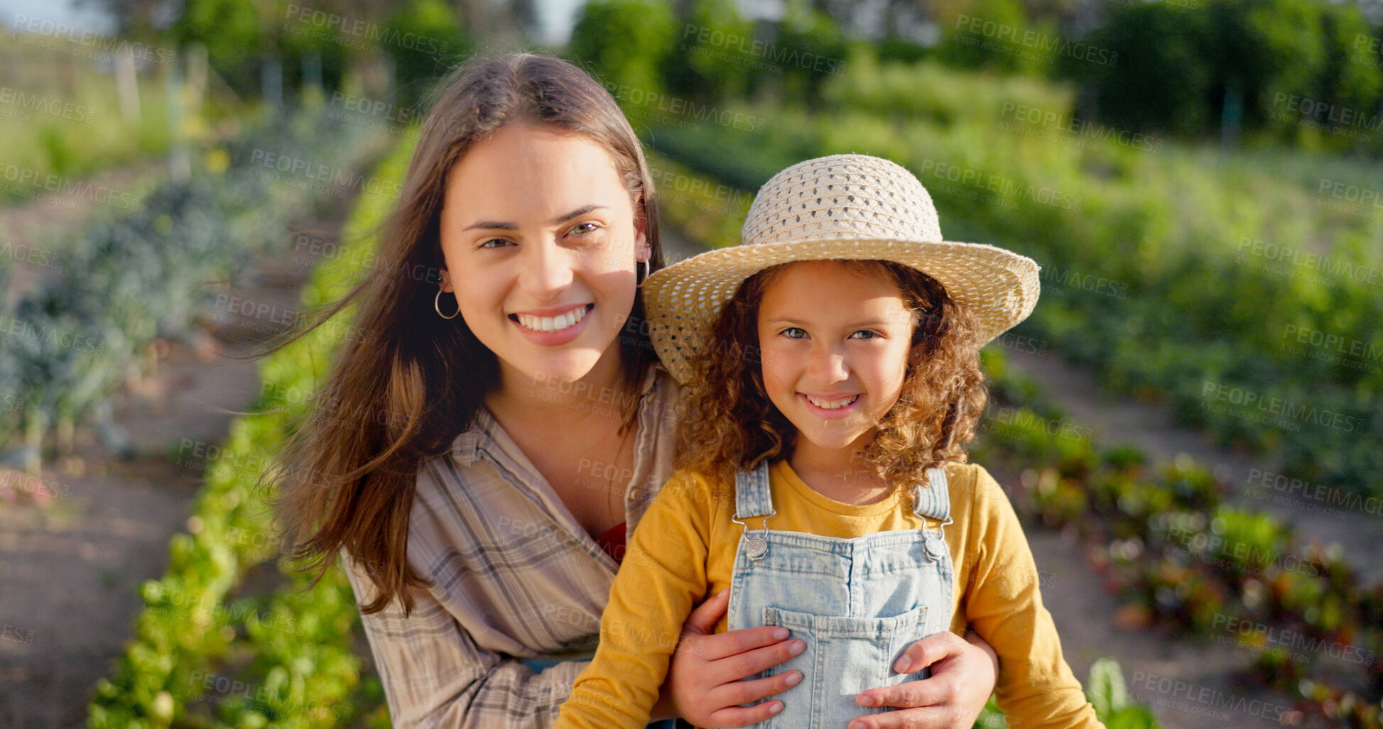 Buy stock photo Farming, woman and child in portrait with a smile in green, field or agriculture growth of vegetable plants in countryside . Family, farm and mother with girl in environment sustainability of nature